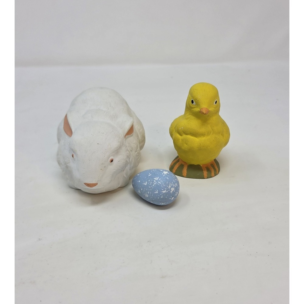Vintage 1974 Ceramic Bisque Easter Bunny Chick Egg Figurine Set 3pc Hand Painted